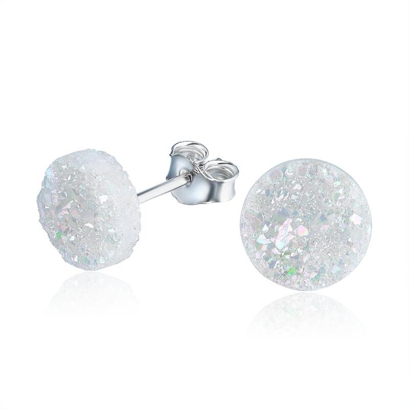 Beritafon 925 Sterling Silver Druzy Stud Earrings 8mm Round Healing Agate Crystal Jewelry for Women or Girls
