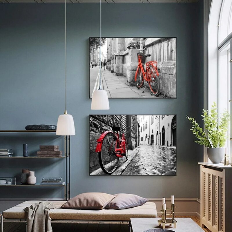 Nordic street scenery retro art canvas painting red bicycle poster office wall painting living room home decoration mural