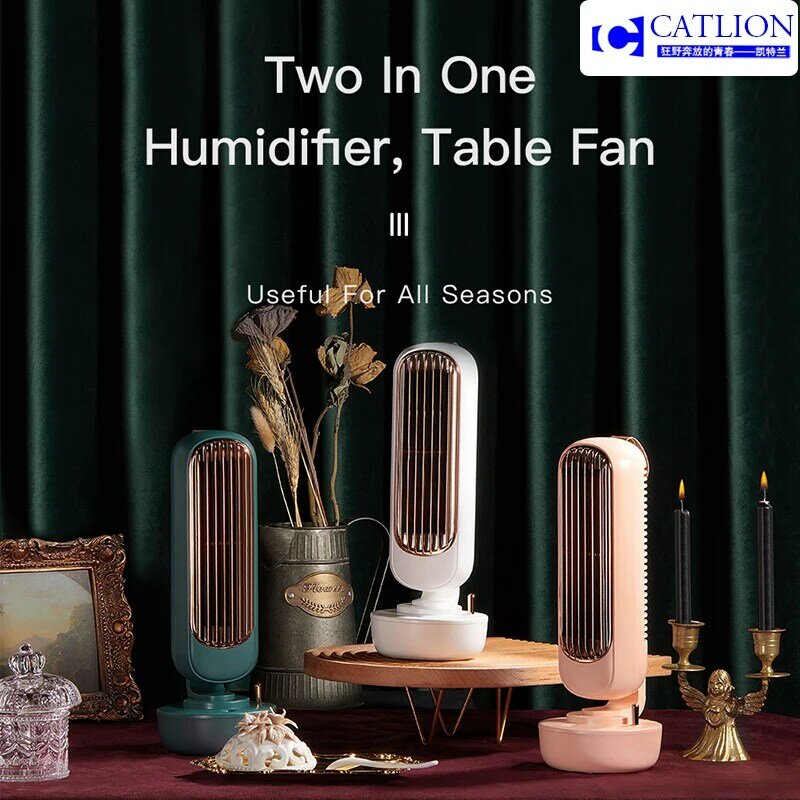 Ventilador de torre de humidificación, espray creativo dos en uno para escritorio, aire acondicionado portátil integrado por USB, ventilador de mesa recargable