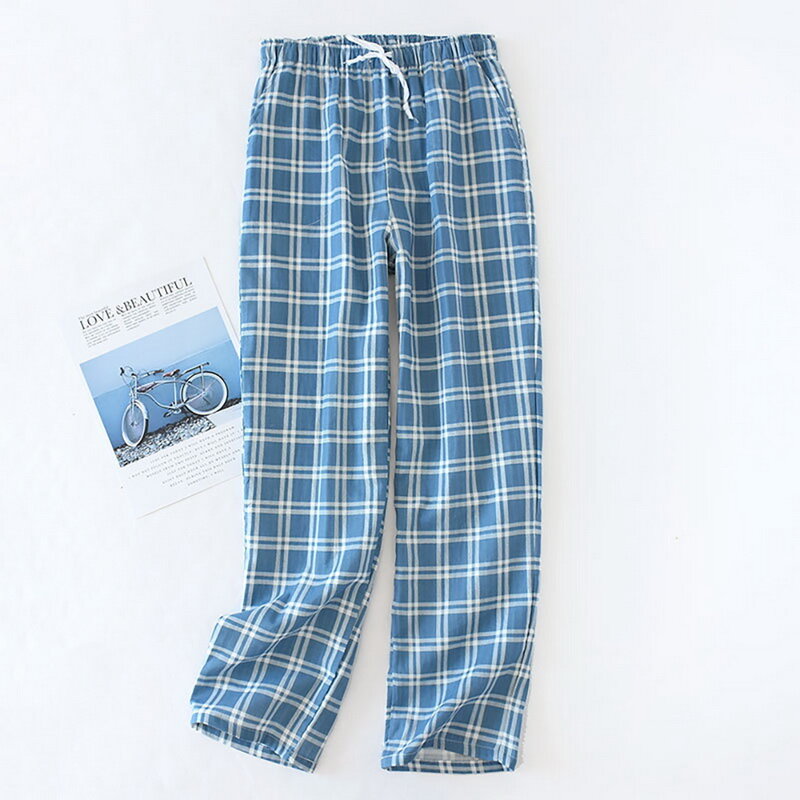 Pantalon en gaze de coton pour hommes, Plaid tricoté, bas de pyjama, vêtements de nuit, court, Pijama Hombre