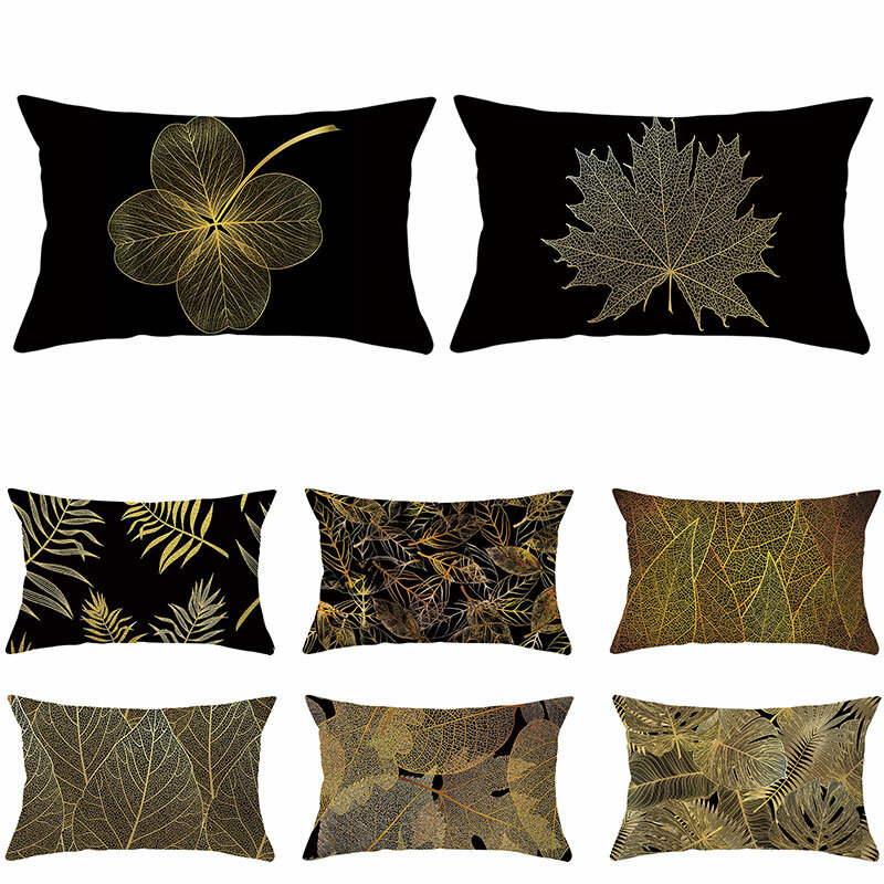 Fundas de almohada decorativas con impresión de planta, color negro y dorado, funda de almohada de poliéster a rayas, decoración del hogar
