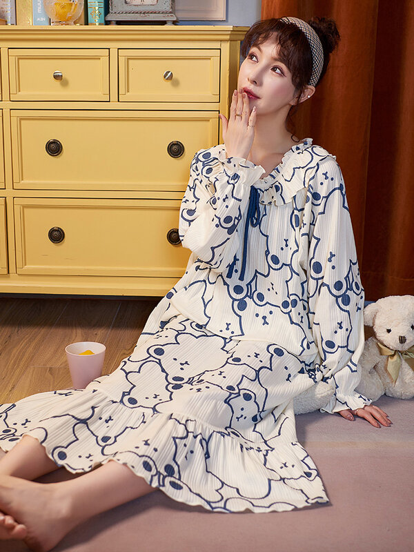 2021 New Korean Pajamas Bear Large Pajamas Women's Spring And Autumn Pure Cotton Long Sleeve Thin Girls' Nightdress Summer