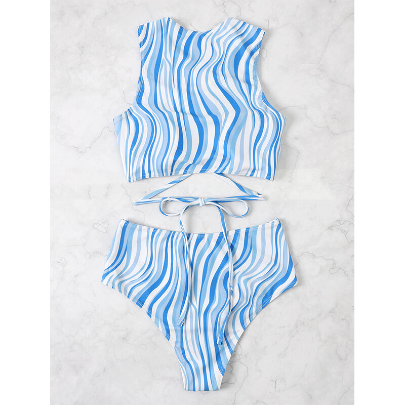 Mossha-bikini bandage con estampado a rayas para mujer, traje de baño de cintura alta, conjunto femenino, 2022