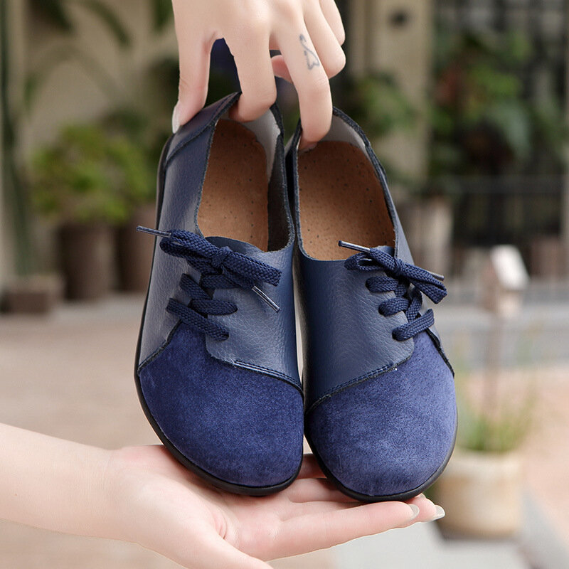 Women Shoes 2021 Spring Genuine Leather Moccasins Flats Shoes Woman Lace-Up Casual Ladies Driving Shoes Plus Size