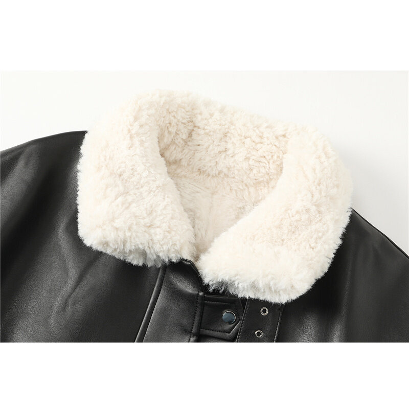 Mantel Bulu Imitasi Jaket Kulit Wanita Pakaian Luar Suede Tebal Lembut Hangat Musim Gugur Musim Dingin Mantel Sepeda Motor Pendek Wol Domba Perempuan