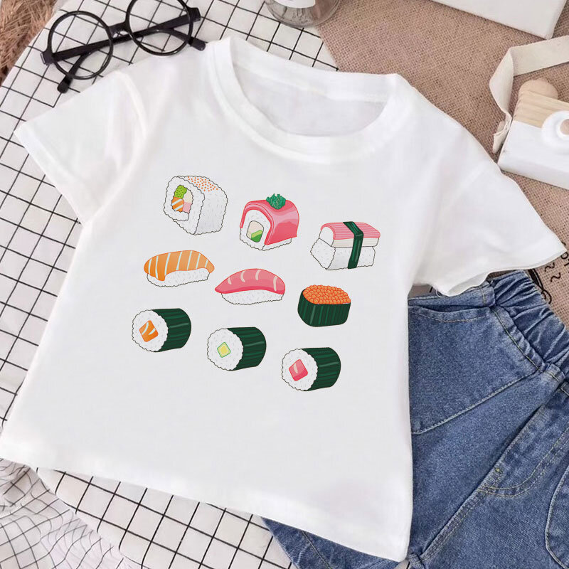 Design japonais Poisson Décontracté Bébé Hauts Pour Filles Dessin Animé Sushi Plateau Drôle Impression Bambin Chemises Mode Garçons T-shirts Harajuku Mignon