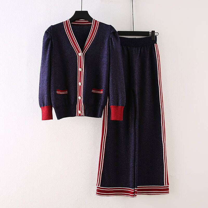 VKBN-traje de pantalones largos de punto para mujer, cárdigan de manga larga de cintura alta, suéter, conjunto de 2 piezas