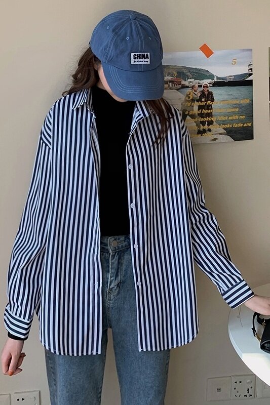 Real Shot Cost-Effective 2021 Autumn Korean Style Long Sleeve Striped Lining