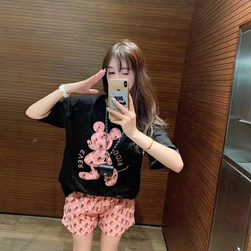 Zomer Nieuwe 2021 Koreaanse Borduren Afdrukken Losse T-shirt + Hoge Taille Elastische Taille Fashion Shorts Tweedelige Set Vrouwen m-3XL