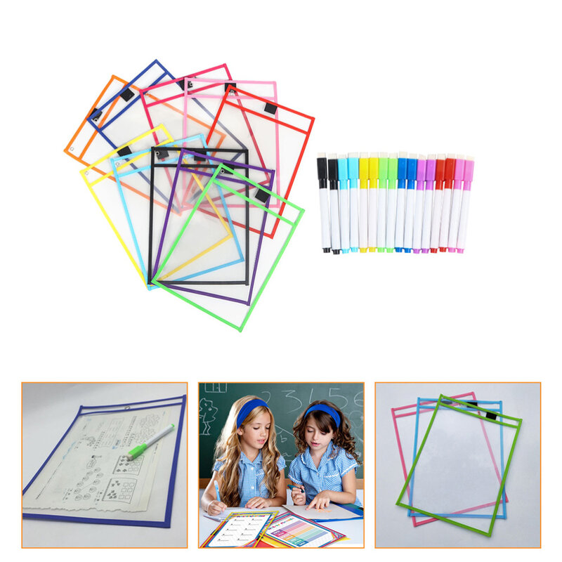 Suministros de papelería para niños, bolsillos de archivo de borrado en seco con bolígrafos (Color aleatorio)
