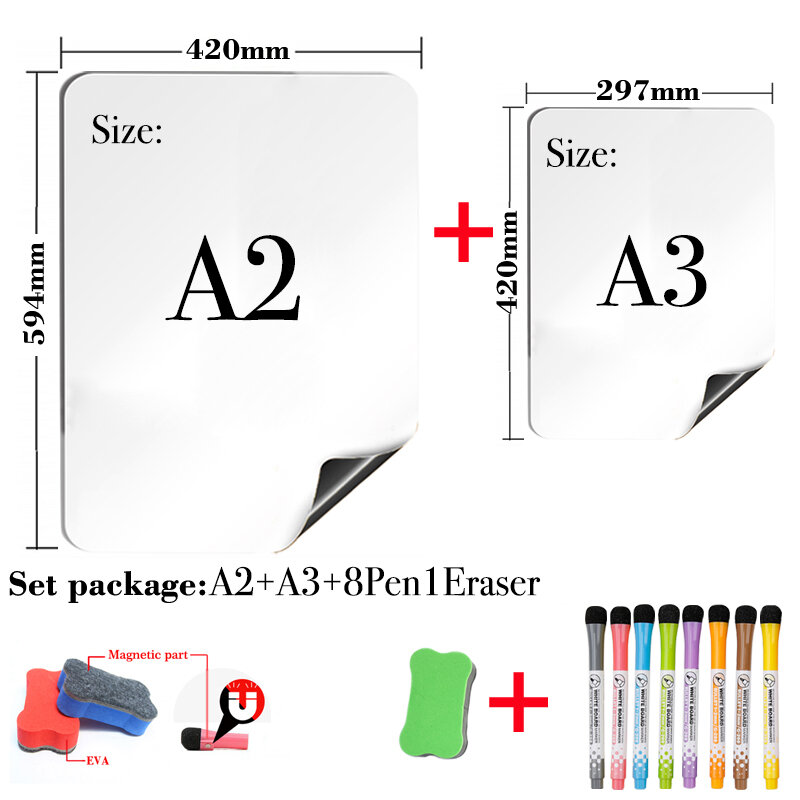 A2 + A3 Ukuran Papan Tulis Magnetik Kulkas Stiker Recipe Bulanan Jadwal Mingguan Kering Menghapus Papan Pesan Hadiah Magnet Pulpen Penghapus