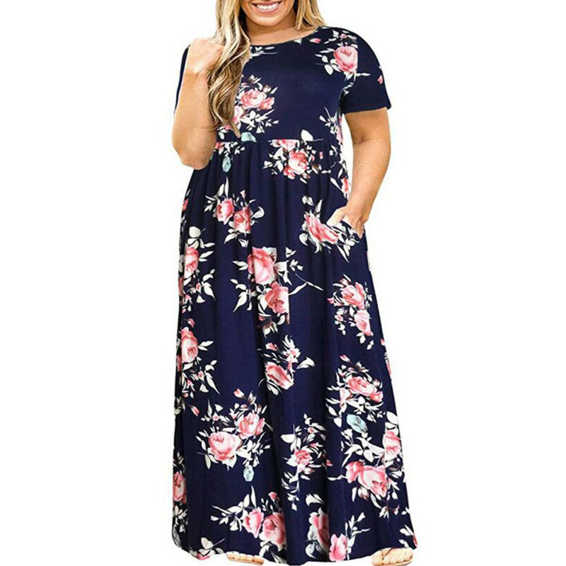 De talla grande vestido para las mujeres Casual o-Cuello de manga corta de verano imprimir suelto de bolsillo vestido envío gratis