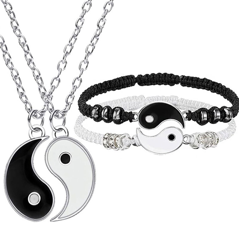 Conjunto de collar y pulseras de Tai Chi Yin Yang para pareja, colgante de aleación, pulsera de cadena trenzada ajustable, pulseras de amantes a juego, collares