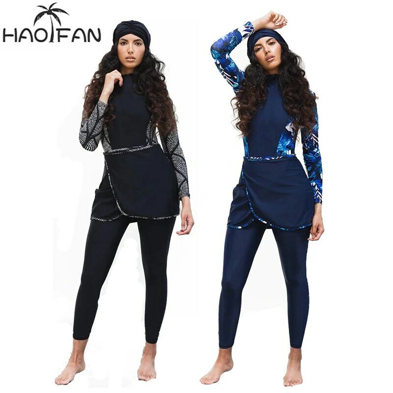 HAOFAN Muslim Swimwear Burkini Islam Swimsuit Bikini Beachwear Modest Swimwear Plus Size Bathing Suit 3PCS