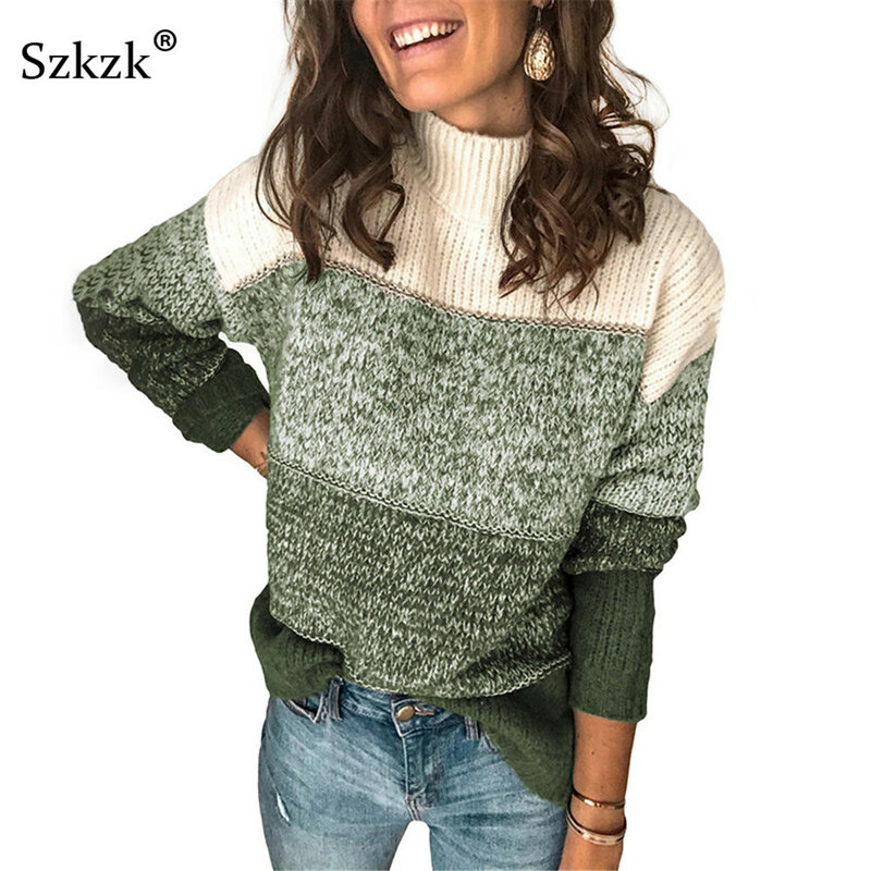 Szkzk-suéter de punto de bloque de Color para mujer, Jersey suelto, Jersey femenino de manga larga con cuello alto, Sexy, Otoño e Invierno