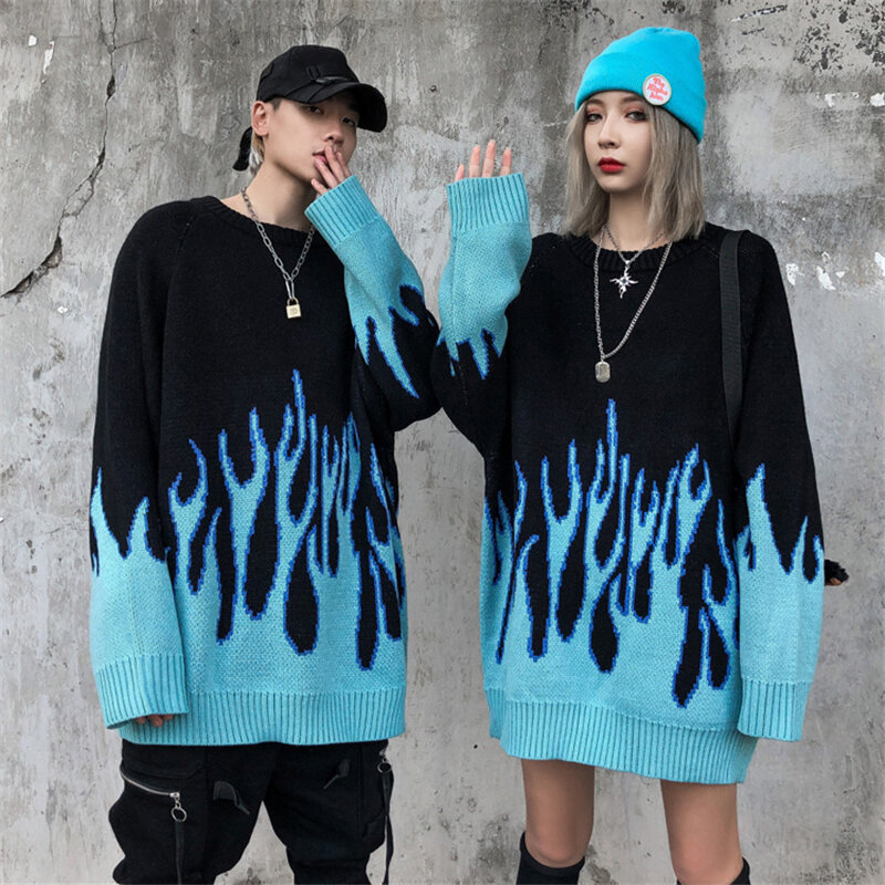 Dropshipping unisex hip hop suéteres chama fogo malha camisolas pulôver streetwear harajuku masculino moda casual topos