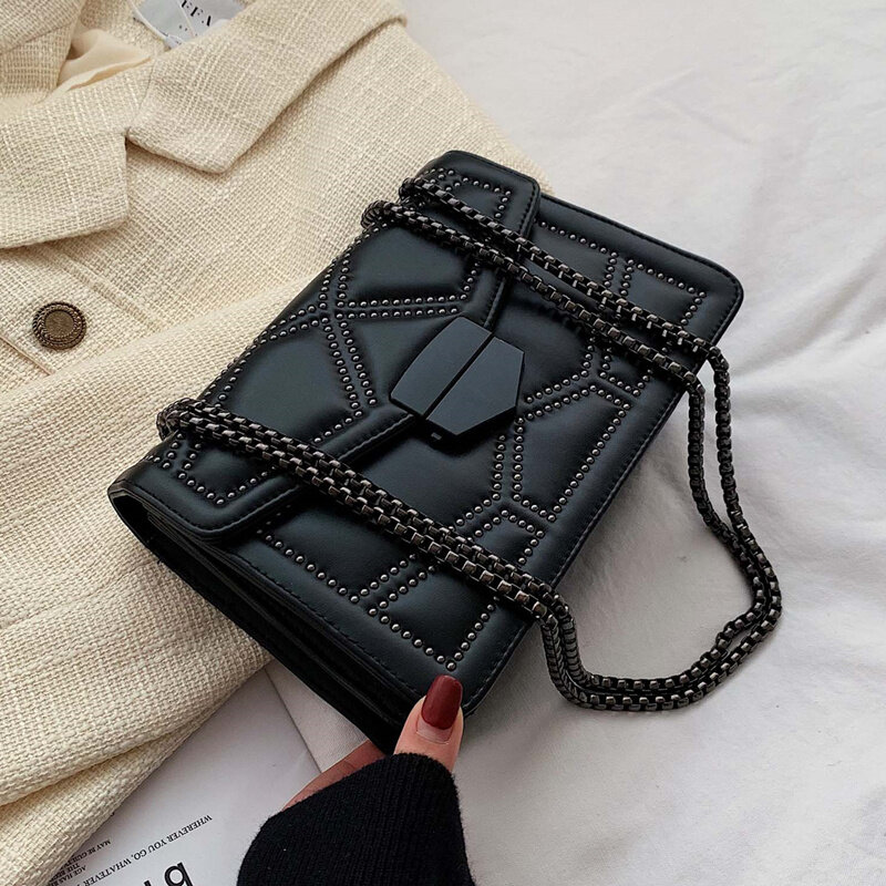 Rivet Chain Designer PU Leather Crossbody Bags For Women 2021 Simple Fashion Shoulder Bag Lady Luxury Small Handbags