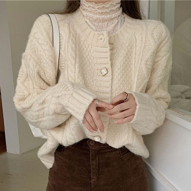 Damski dzianinowy rozpinany sweter 2021 bluzki damskie słodki luźny jednokolorowy elegancki guzik cienki Patchwork jesienno-zimowa kurtka damska