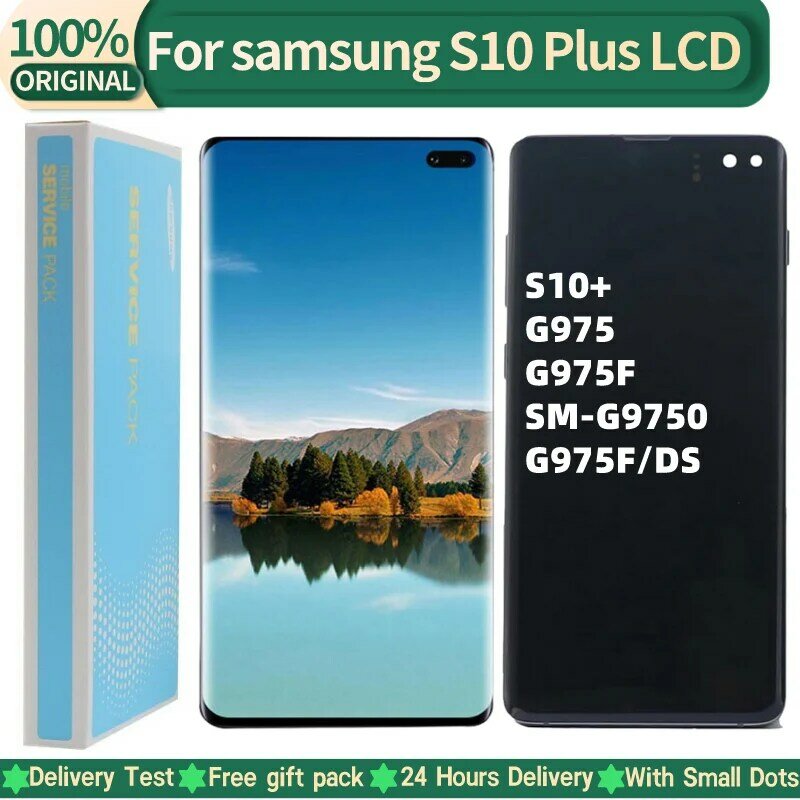 Samsung Galaxy s10 plus s10 g975 g975f用のオリジナルのAmoledg975 LCDタッチスクリーン,ドット付き,100%