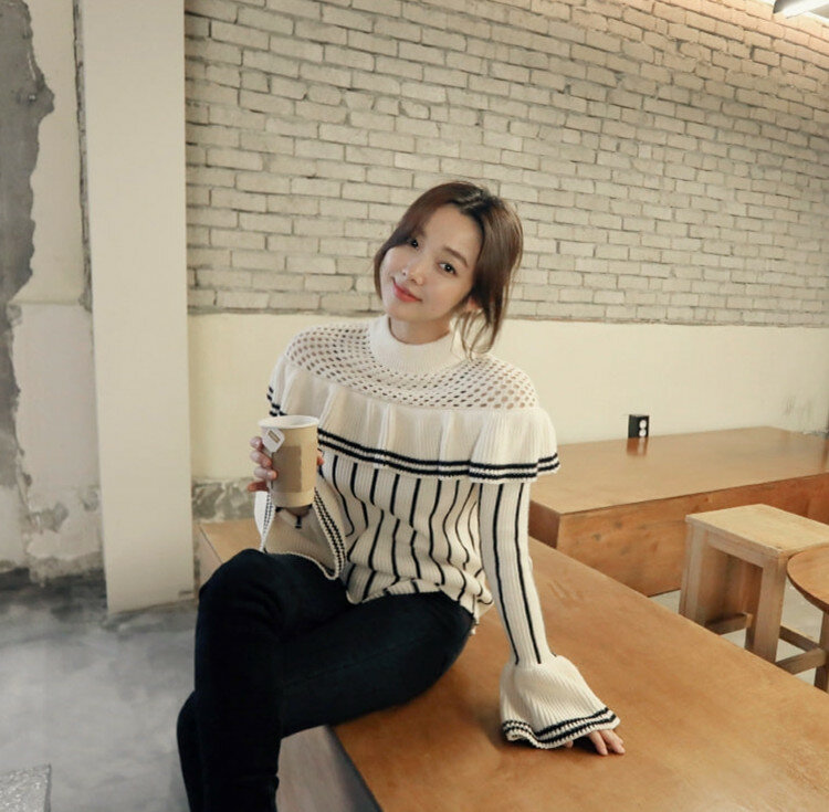 Fashion new early autumn and winter women's sweet ruffled striped trumpet sleeves sweater