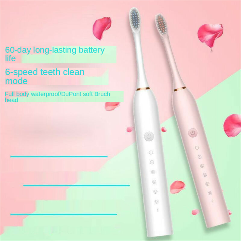 Sonic Electric Toothbrush for Adult Kids Timer Brush 6 Mode USB Charger Rechargeable Tooth Brushes Replacement Heads Set Black