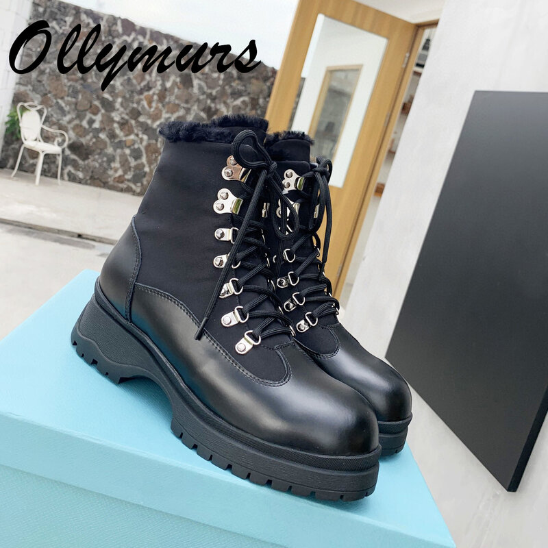 Ollymurs New Genuine Leather Winter Fur Warm Snow Boots Lace Up Platform Luxury Designer Ankle Heel Boots Female Women Shoes