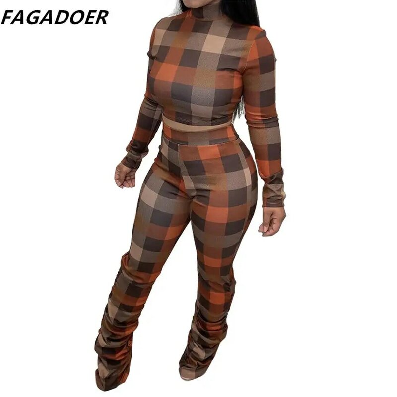Fagadoer 2021新チェック柄印刷ツーピースセット女性長袖クロップトップと積み重ねパンツ女性のファッションストリート衣装2021