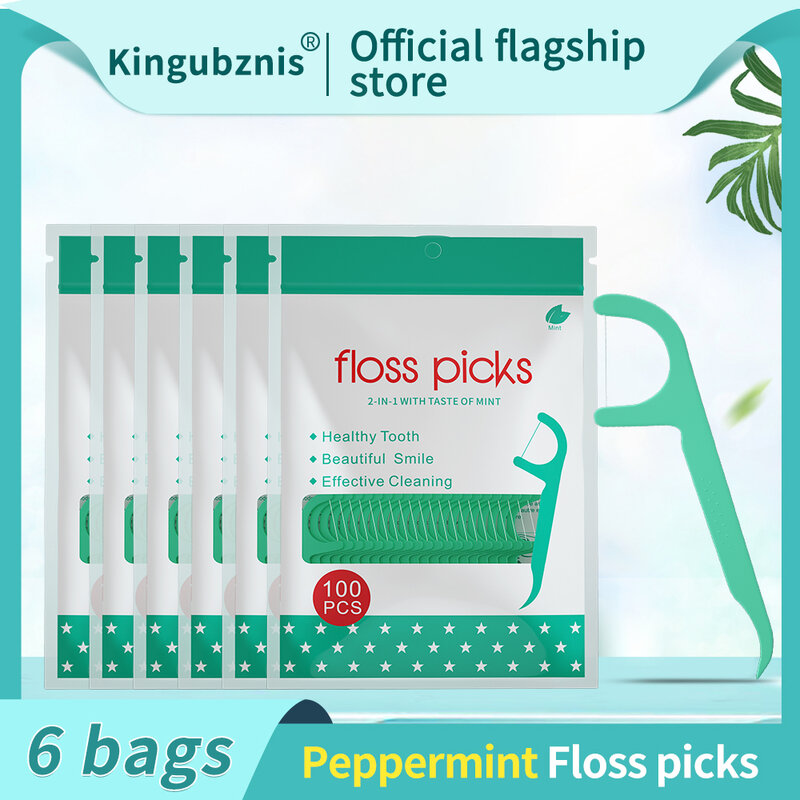 Kingubznis 6X100Pcs ทันตกรรม Flosser Peppermint รสยาสีฟัน Floss Sticks ถุงแบบพกพาฟันหยิบทำความสะอาดฟัน Oral Care ยาสีฟันสูตรเกลือ...