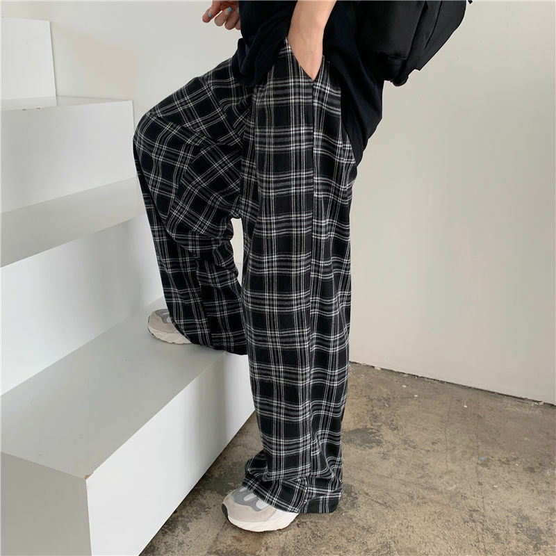 Tamanho grande 3xl calças xadrez feminino casual solto calças de perna larga ins retro adolescentes calças retas hip-hop unisex streetwear