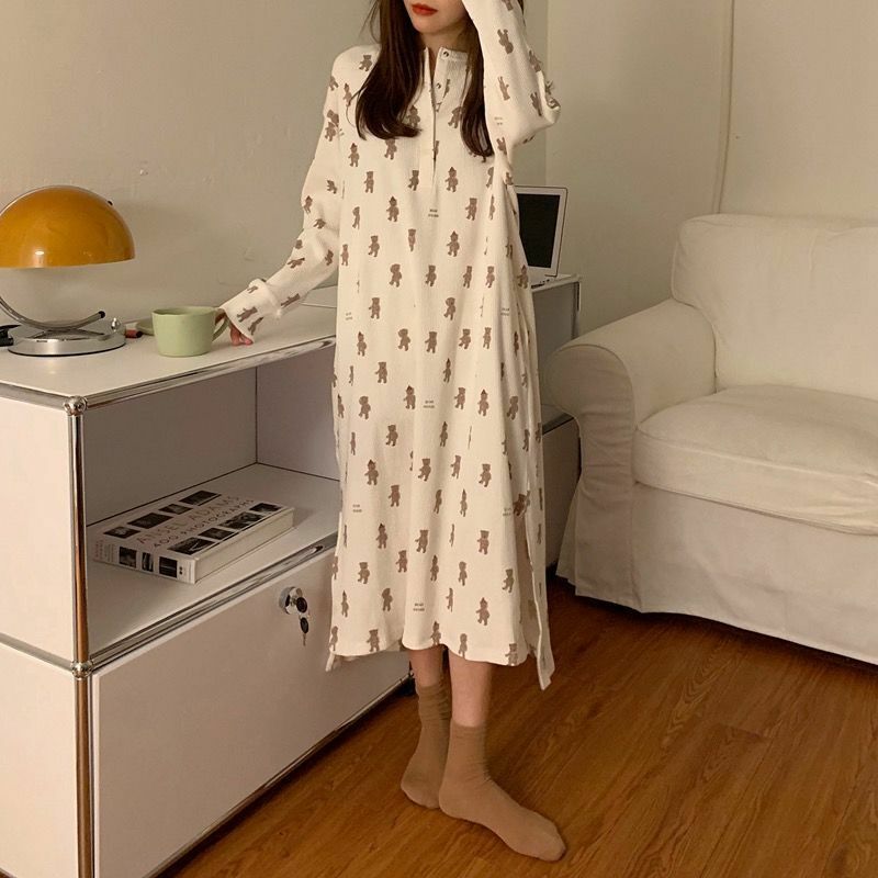 QWEEK-한국 스타일 카와이 베어 프린트 나이트 드레스, 여성 나이트 가운, 버튼, 잠옷, 봄/가을 소녀 홈 의류, 부드럽고 편안한 옷