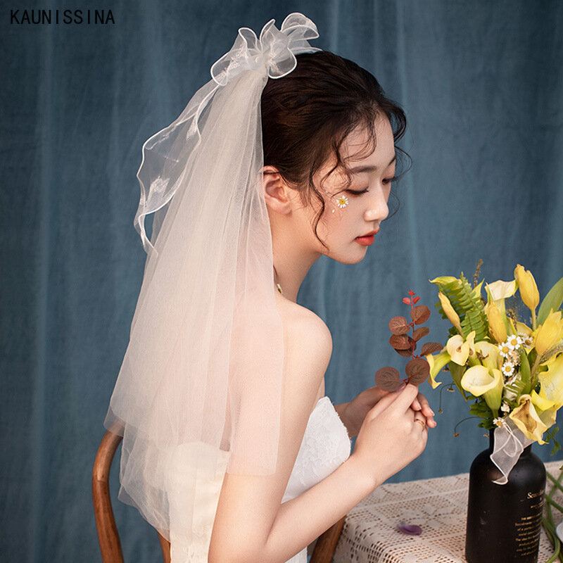 Kaunissina 2 Tiers Wedding Veils Solid Cut Edge Korte Bridal Veil Met Kam Bridal Accessoires