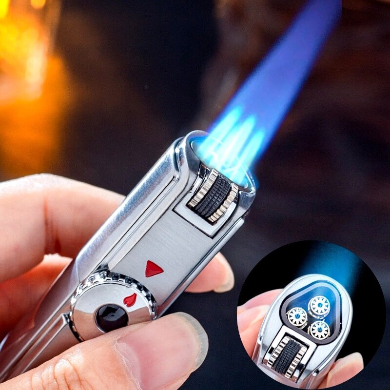 Metalen Drie Vlammen Aansteker Winddicht Gas Roken Accessoires Lastoorts Aanstekers Spuitpistool Blauwe Vlam Gadgets Voor Mannen