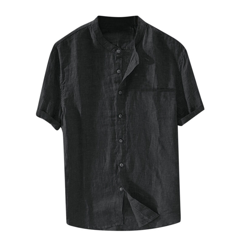 Atasan Longgar Pria Kemeja Blus Atasan Retro Lengan Pendek Warna Solid Linen Katun untuk Pria Kemeja Bisnis Camisas De Hombre 2021