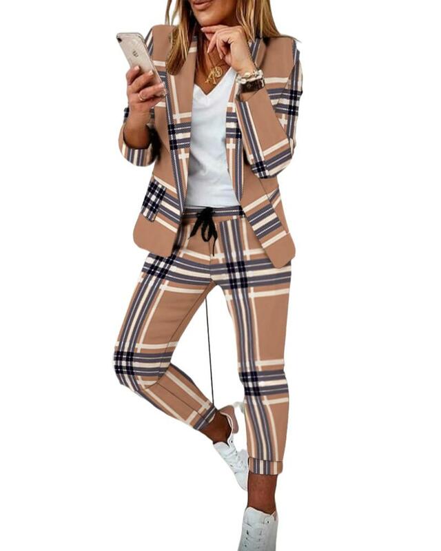 Женский офисный костюм, клетчатый пиджак с принтом и брюки на завязках, Дизайнерский Жакет с карманами и брюки, весна 2022