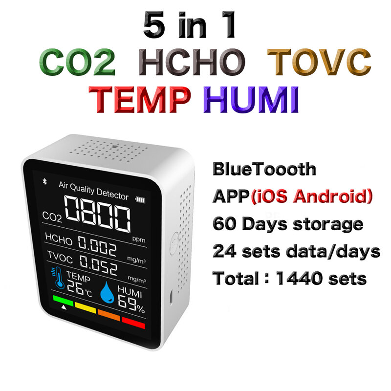 5 In1 CO2 TVOC HCHO อุณหภูมิความชื้นเซนเซอร์ดิจิตอลเครื่องทดสอบบลูทูธคุณภาพ Monitor เครื่องตรวจจับคาร์บอน...