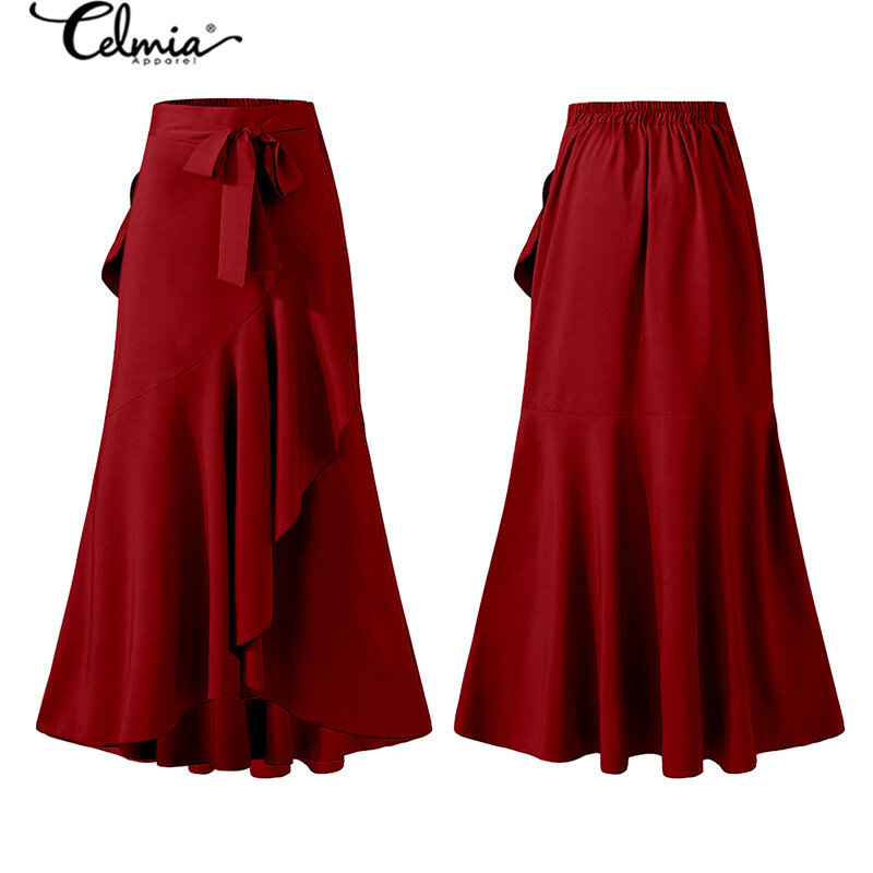 Women Maxi Skirts Plus Size Celmia 2022 Fashion Autumn Casual High Waist Belted Long Skirt Party Asymmetrical Ruffles Skirts
