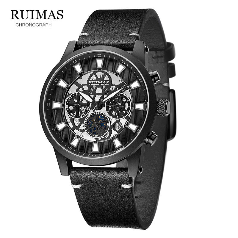 RUIMAS-ساعة ميكانيكية للرجال ، ماركة فولاذية سوداء ، مينا الهيكل العظمي ، Relogio Masculino 6768