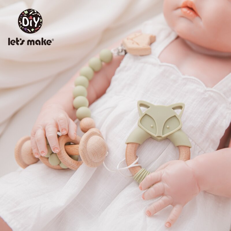 Prendedor de chupeta de madeira faia para bebês, conjunto de anel de silicone com desenhos animados, para mordedor, sem bpa, brinquedo de cuidado oral, para recém-nascido