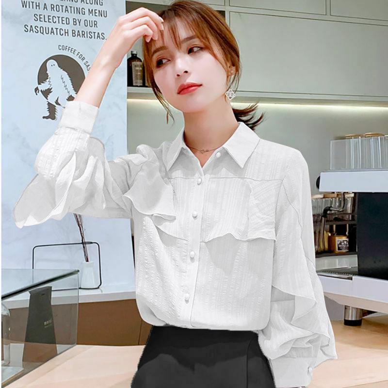 New Women Blouses Shirts Spring and Autumn Sexy Polo Collar Butterfly Sleeve OL Tops Office Shirts blusas mujer de moda 2021