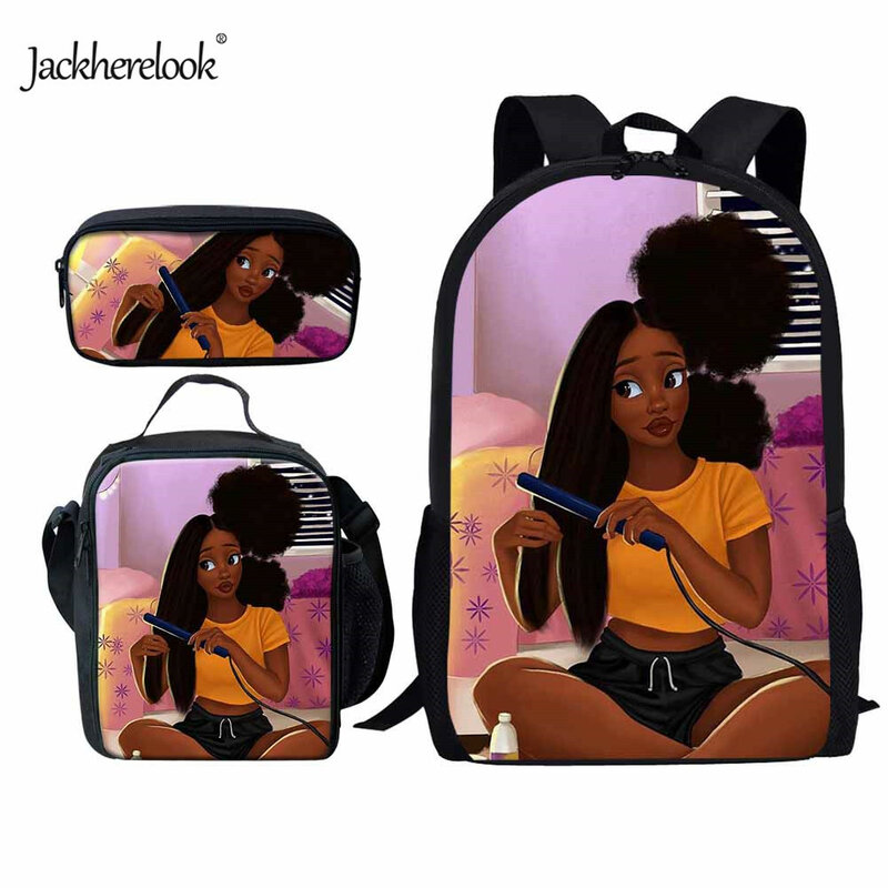 Jackherelook African Black Girl Design Schoolbag for Youth Girl Durable Satchel School Bags 3pcs/Set Large Bookbag mochila mujer