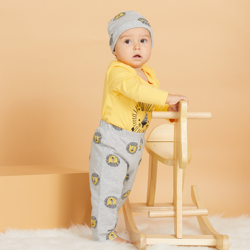 PatPat Bebe Musim Semi dan Musim Gugur Singa Katun Kasual 3 Buah Set Bayi Laki-laki Balita Lucu Bodysuit Celana Topi Setelan Pakaian Bayi