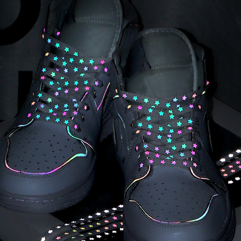 Новые голографические светоотражающие шнурки со звездами, светоотражающие Яркие Светоотражающие плоские шнурки 120/140/160 см