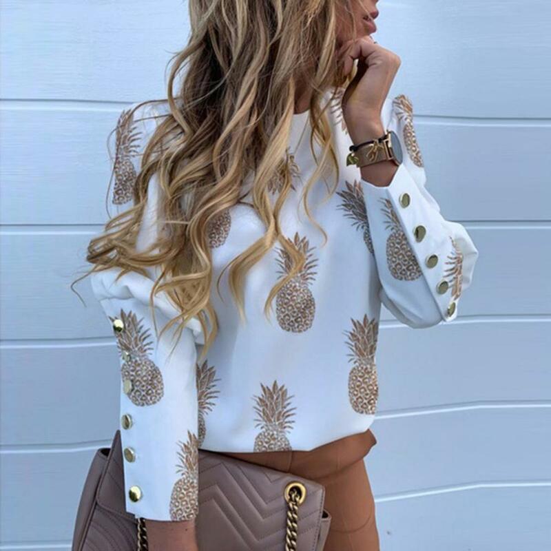 Puff shoulder blouse shirts Elegant New Office Lady Autumn Metal Button Detail Blouses Women Pineapple Print Long Sleeve Tops