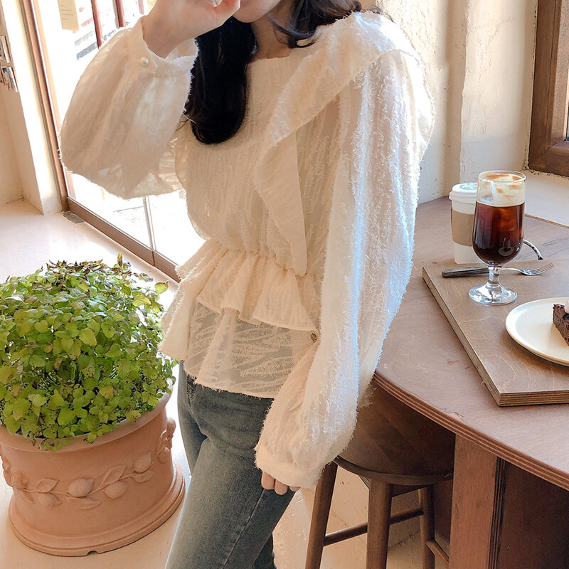 Camisa feminina de chiffon e manga longa, camisa francesa romântica tipo árvore e com borla, estilo ocidental