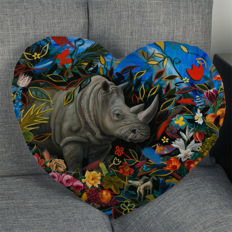 Heißer Verkauf Nach Rhino Tier Kunst Paingting Herz Form Kissen Abdeckungen Bettwäsche Komfortable Kissen/Hohe Qualität Kissen Fällen