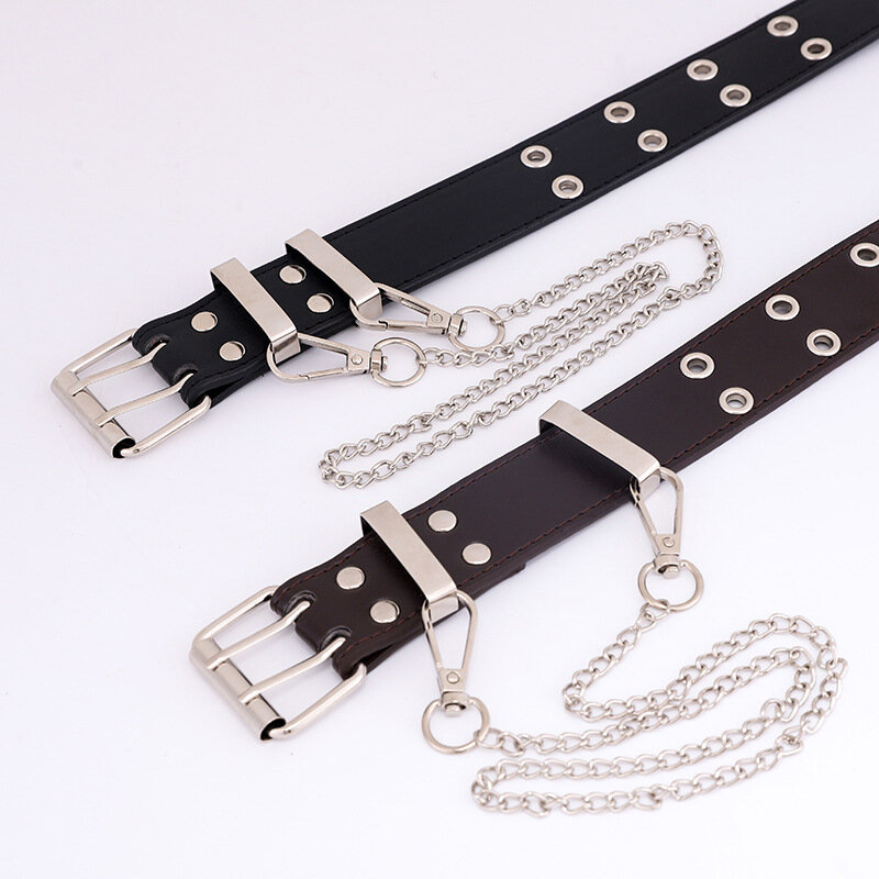 Women Punk Chain Fashion Leather Belt Adjustable Double Row Hole Eyelet Waistband with Eyelet Chain Decorative Belts