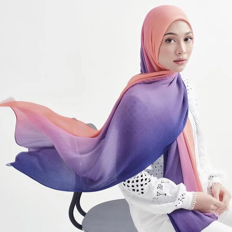 2020 Fashion Muslim Wanita Bubble Chiffon Jilbab Syal Crinkle Gradien Warna Jilbab Selendang Islam Wrap Kepala Turban Syal