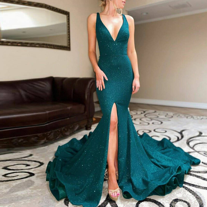 Sexy V-Neck Evening Dresses Long Slide Split Sleeveless Zipper Flash Mermaid Prom Gown Deep Backless 2022 New Party Dress