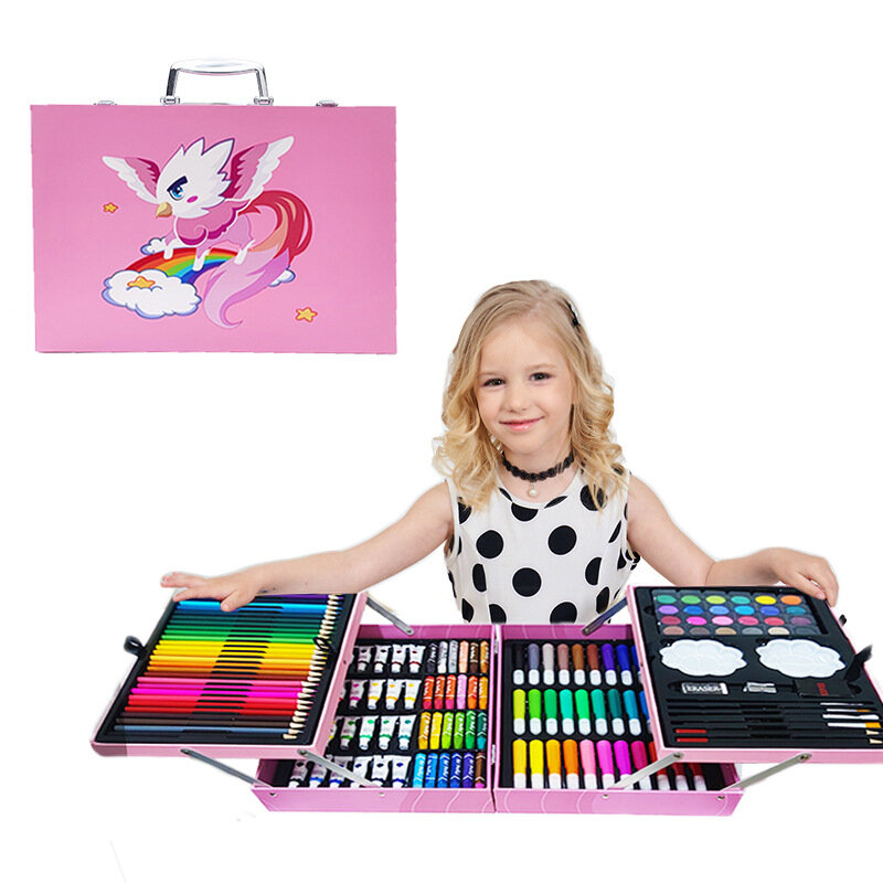 New 200PC Paintbrush Crayon Painting Set Children's School Supplies Watercolor Pen Art Set Water Oil Pastel Crayons for Kids