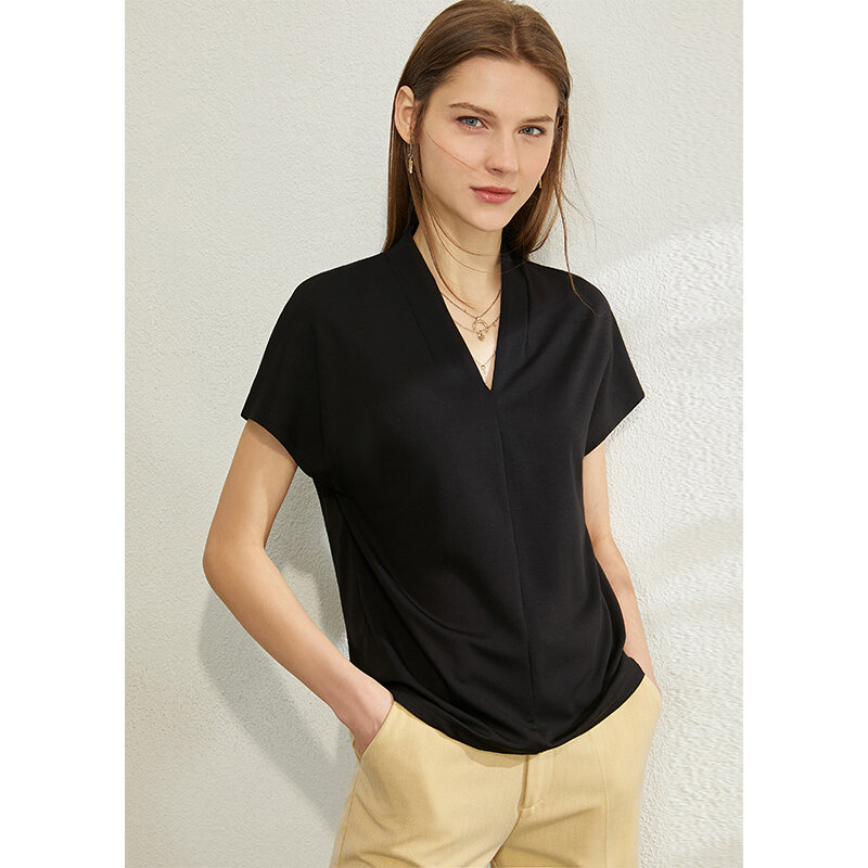 AMII Minimalism Spring Summer Chiffon Solid Vneck Loose Women Blouse Causal Daily Short Sleeves Female Blouse 12060068